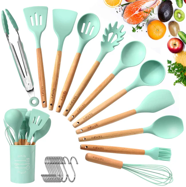(free home deliver) 12 Pcs Silicone & Heat Resistant Spoons Set with Long Wooden Handle Kitchen Utensils Set - Image 3