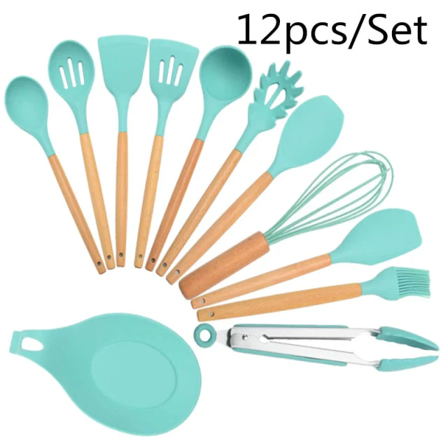 (free home deliver) 12 Pcs Silicone & Heat Resistant Spoons Set with Long Wooden Handle Kitchen Utensils Set - Image 4